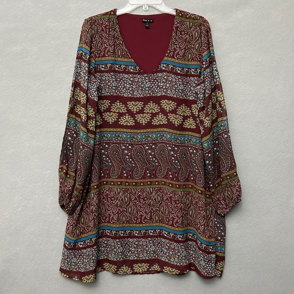 Sami & Jo Tunic Dress Women XL Burgundy Paisley Floral V-Neck Balloon Sleeve